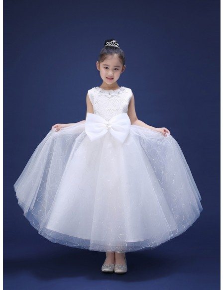 Long Tulle Lace Bow Sequined Flower Girl Dress - GemGrace