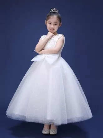 Long Tulle Lace Bow Sequined Flower Girl Dress