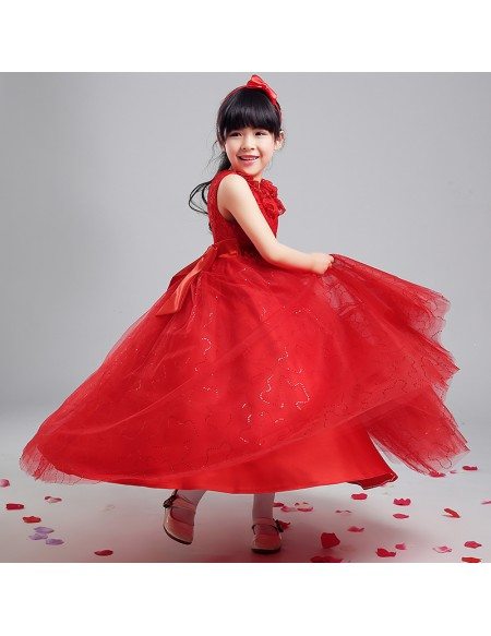 Tulle Sequined Long Red Ballroom Flower Girl Dress with Lace Bodice