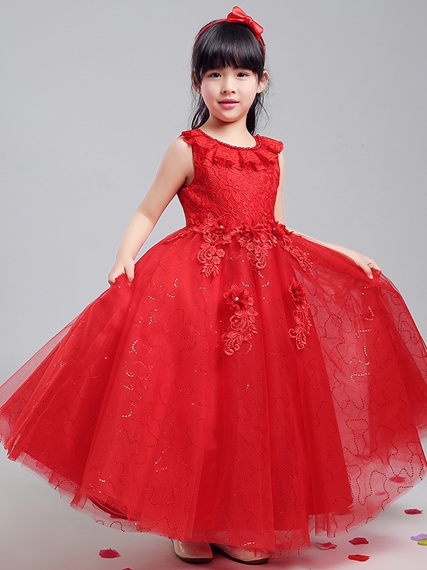 Tulle Sequined Long Red Ballroom Flower Girl Dress with Lace Bodice ...