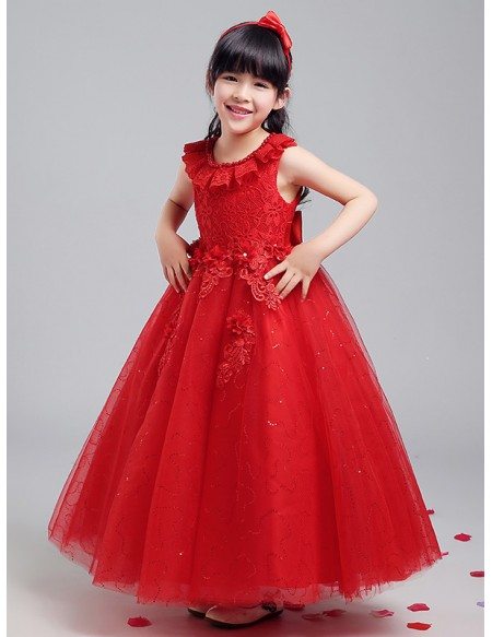 Tulle Sequined Long Red Ballroom Flower Girl Dress with Lace Bodice