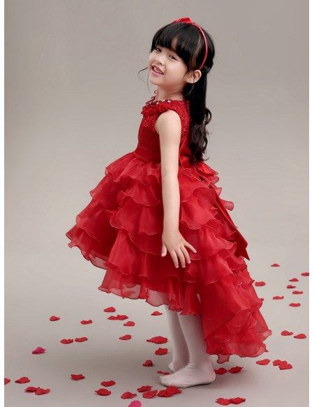 High Low Cascading Hot Red Lace Pageant Dress with Crystal Neck