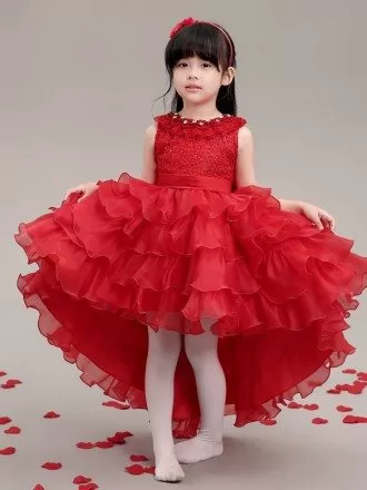 High Low Cascading Hot Red Lace Pageant Dress with Crystal Neck