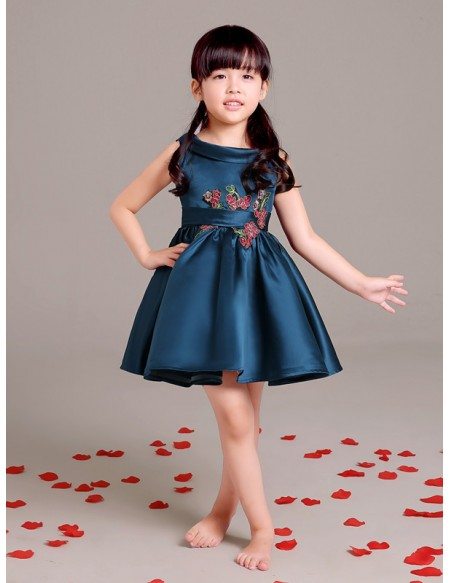 Navy Blue Short Flower Girl Dress with Applique in Front
