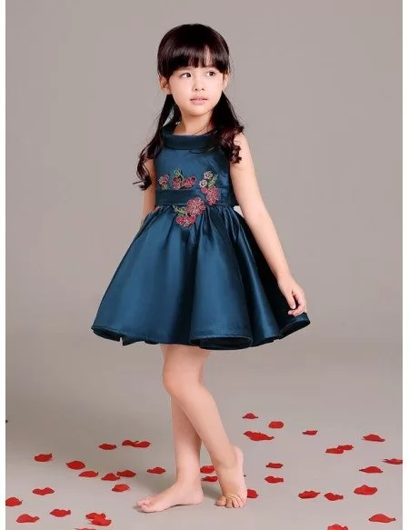 Navy Blue Short Flower Girl Dress with Applique in Front