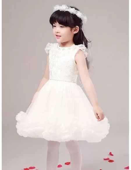 Fairy Short White Crystal Lace Pageant Dress with Bubble Hem