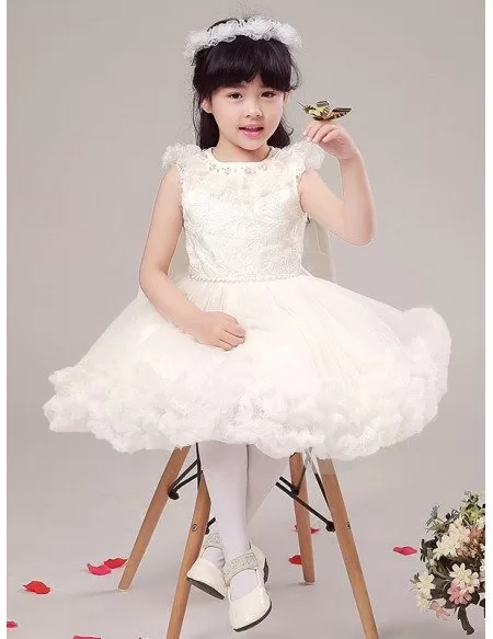 Fairy Short White Crystal Lace Pageant Dress with Bubble Hem
