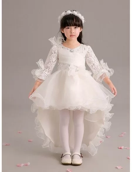 High Low Organza Beaded Flower Girl Dress with Lace Sleeves