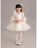 High Low Organza Beaded Flower Girl Dress with Lace Sleeves