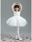 Cap Sleeve Layered Organza Short Flower Girl Dress with Lace Beaded Bodice