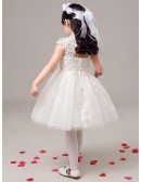 Lace Tulle Short Beaded Flower Girl Dress with High Neck