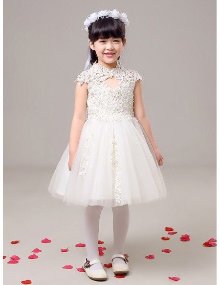 Lace Tulle Short Beaded Flower Girl Dress with High Neck