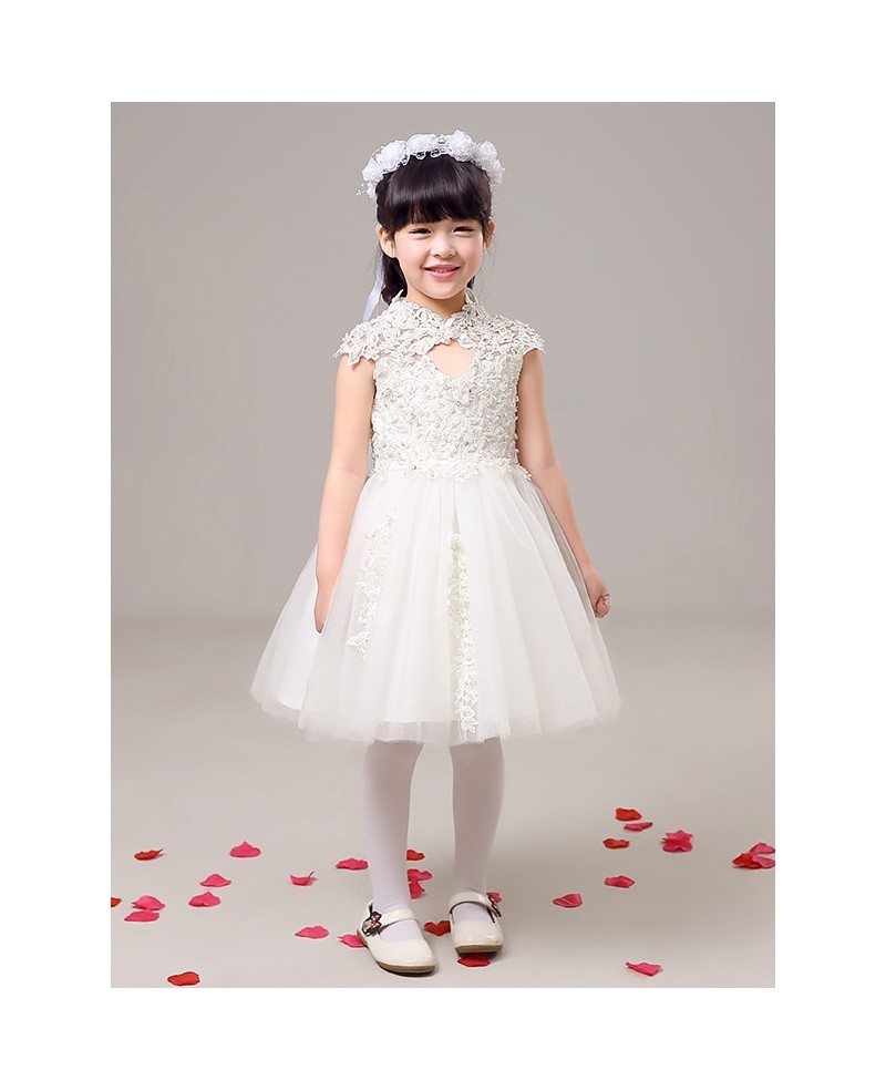 Lace Tulle Short Beaded Flower Girl Dress with High Neck - GemGrace