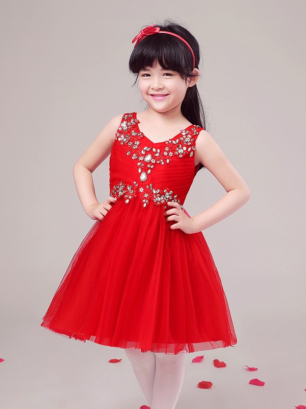 Hot Red Pleated Tulle Short Pageant Dress with Beaded Bodice - GemGrace