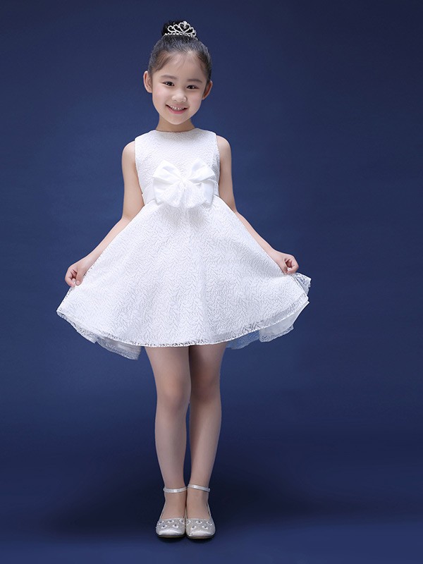 Little White Simple Lace Flower Girl Dress with Sash - GemGrace