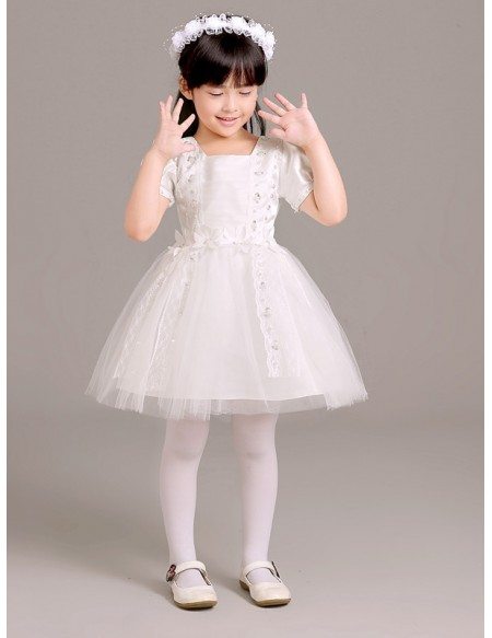 Short Sleeved Lace Tulle Folded Pageant Dress for Little Girls