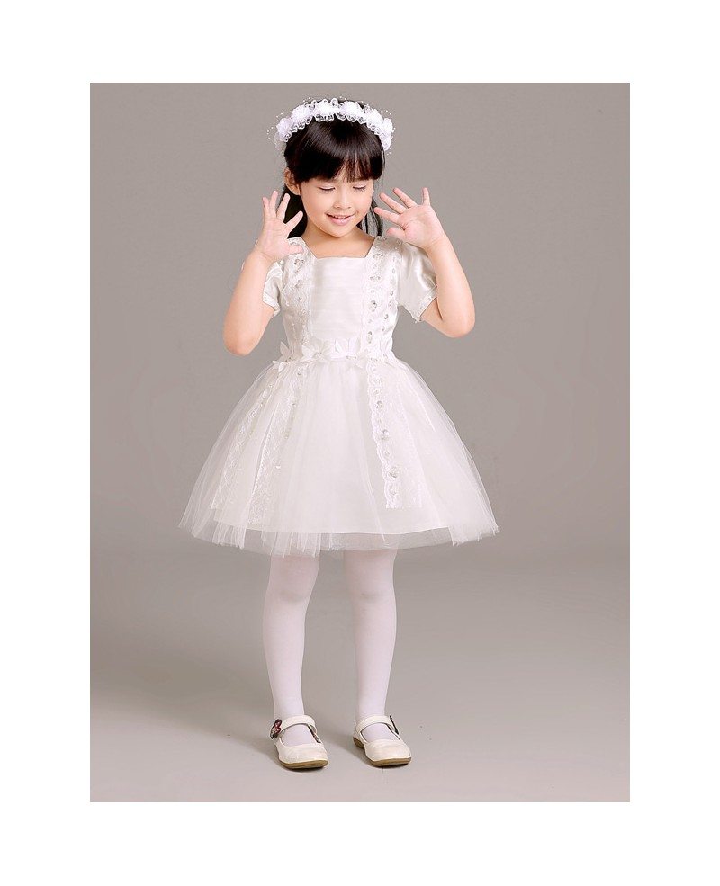 Short Sleeved Lace Tulle Folded Pageant Dress for Little Girls - GemGrace