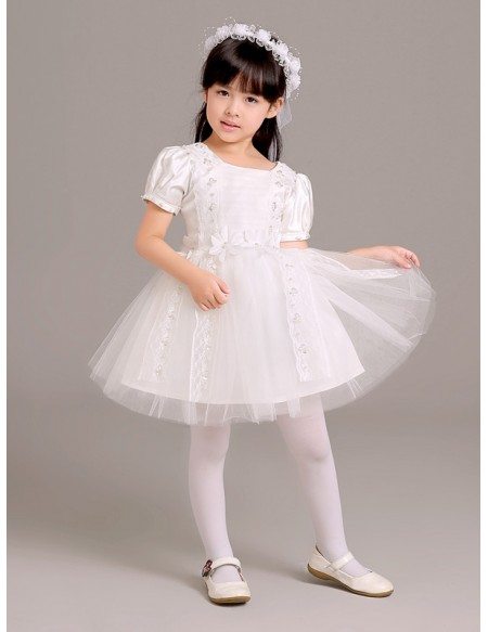 Short Sleeved Lace Tulle Folded Pageant Dress for Little Girls