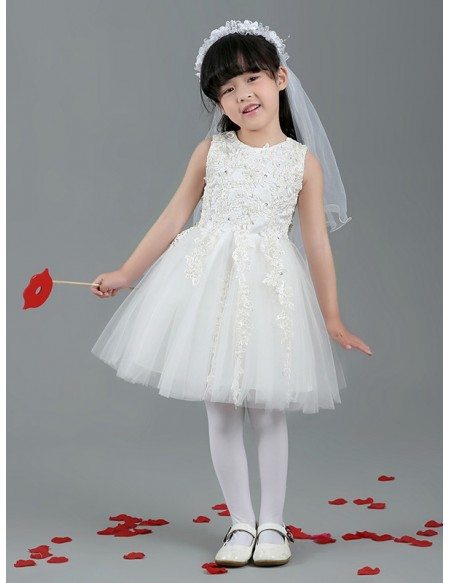 Short Tulle Beaded Lace Flower Girl Dress with Sleeves