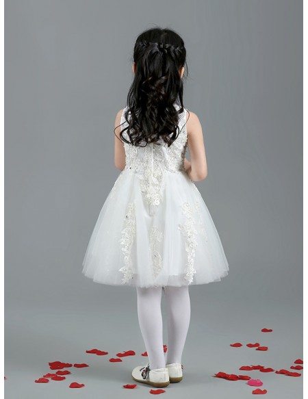 Short Tulle Beaded Lace Flower Girl Dress with Sleeves
