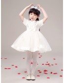 Short Sleeves Tulle Lace Flower Girl Dress with Satin Top