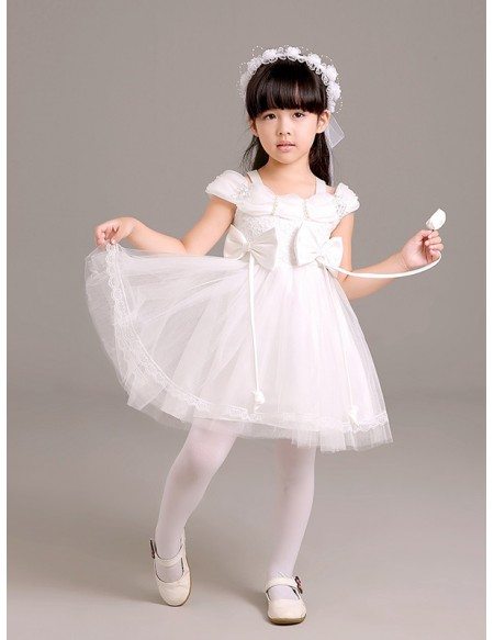 Short Tulle Lace Bow Pageant Dress with Wrap Shoulder