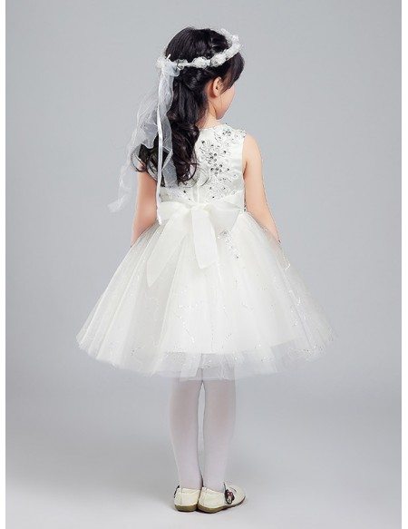 Ballroom Short Sequined Flower Girl Dress with Lace Beaded Bodice