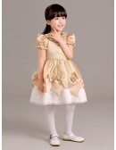 Gold and White Short Sleeved Lace Pageant Dress with Handmade Flowers