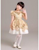 Gold and White Short Sleeved Lace Pageant Dress with Handmade Flowers