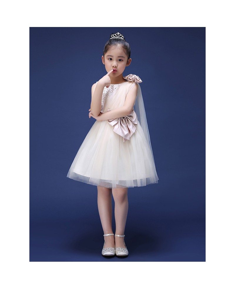 Tulle Beaded Short Fairy Flower Girl Dress with Bows - GemGrace
