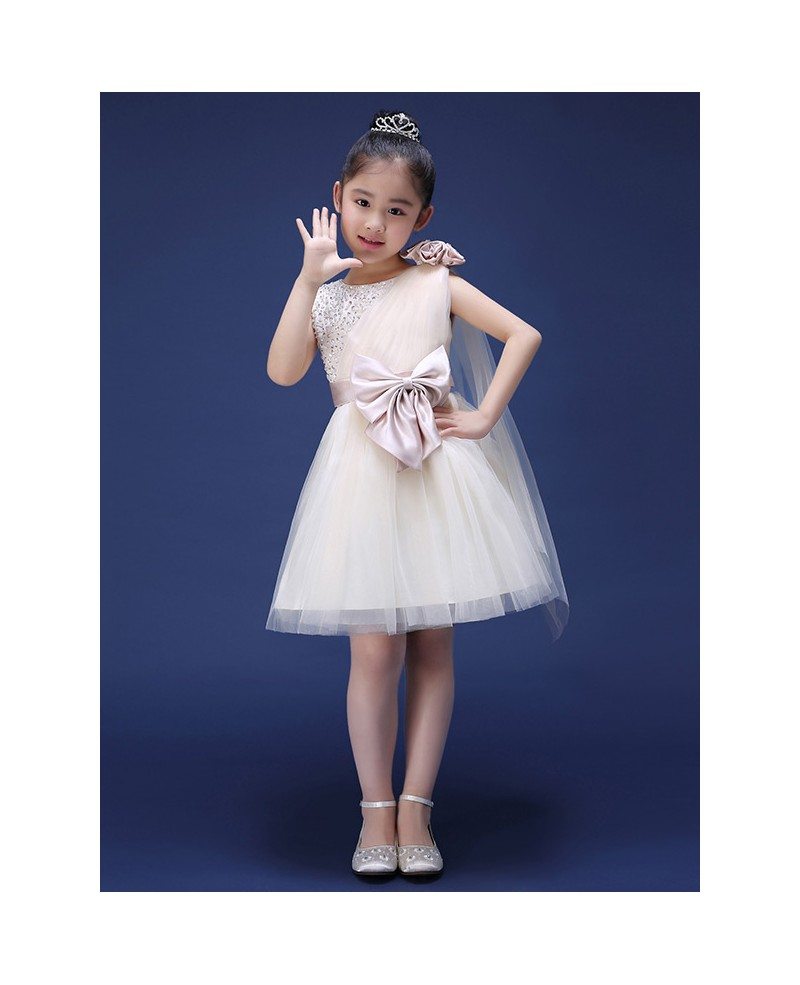 Tulle Beaded Short Fairy Flower Girl Dress with Bows - GemGrace