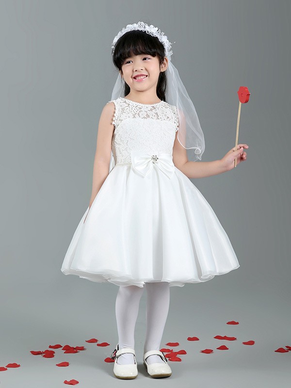 Girl's Jewel & Bows Satin Communion / Flower Girl Dress