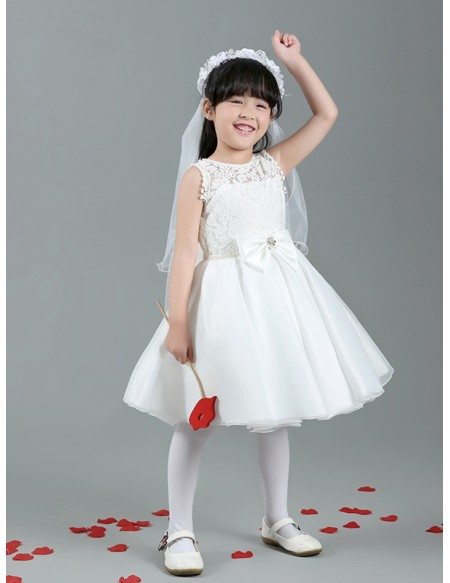 Short White Lace Satin Ball Gown Flower Girl Dress with Bows