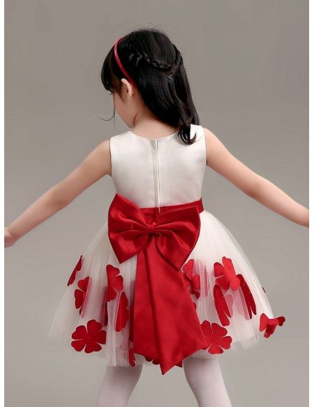 White with Red Flowers Short Tulle Pageant Dress with Sash