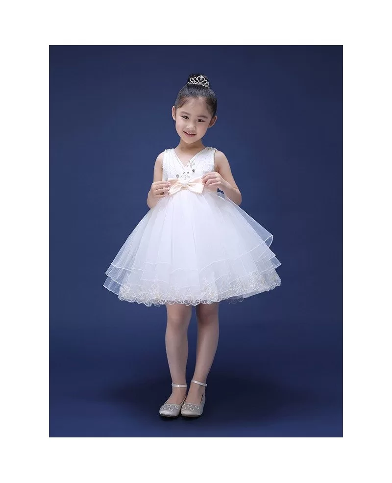 Tulle Lace Beaded Short Sweetheart Flower Girl Dress with Sash - GemGrace