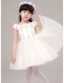 Tulle Lace Crystal Short Ballroom Flower Girl Dress with Cap Sleeves
