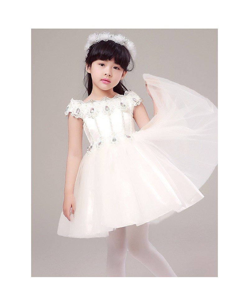 Tulle Lace Crystal Short Ballroom Flower Girl Dress with Cap Sleeves ...