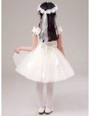 Tulle Lace Crystal Short Ballroom Flower Girl Dress with Cap Sleeves