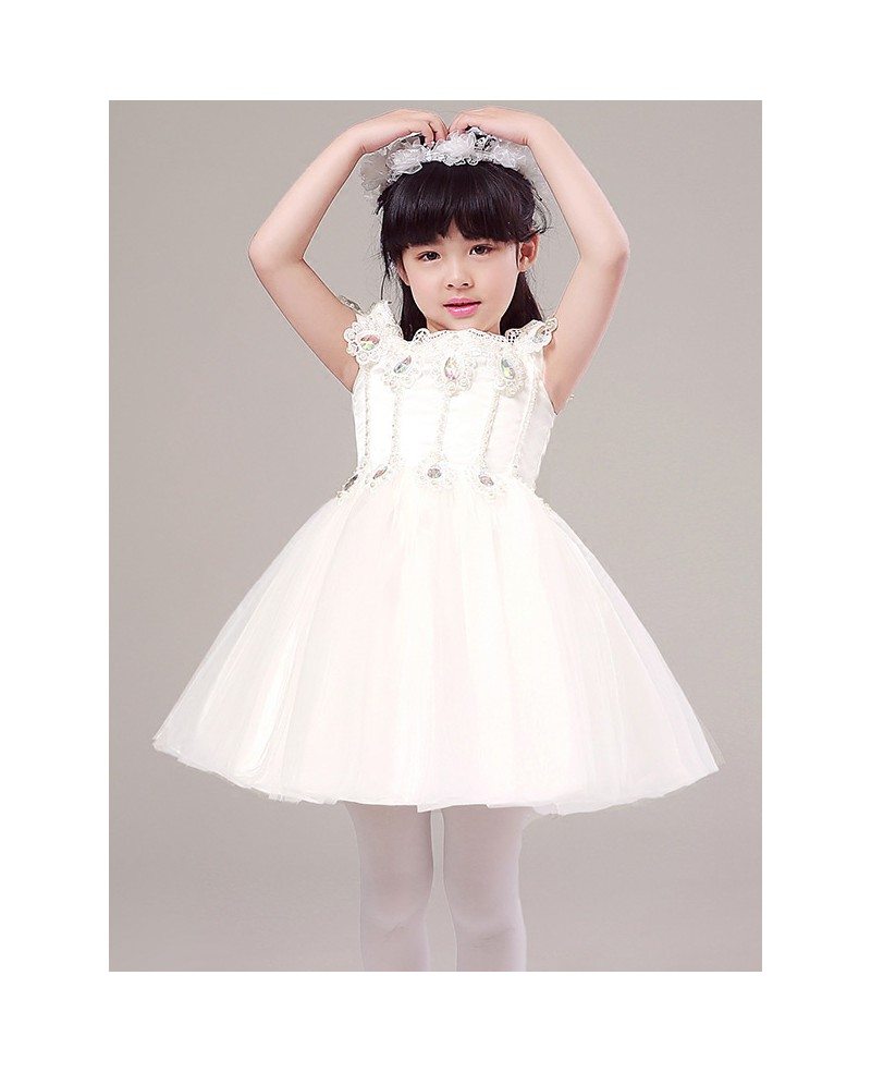 Tulle Lace Crystal Short Ballroom Flower Girl Dress with Cap Sleeves ...