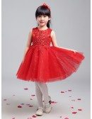 Ballroom Short Red Shining Flower Girl Dress with Lace Beaded Bodice