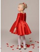 Simple Short Red Taffeta Flower Girl Dress with Long Sleeves