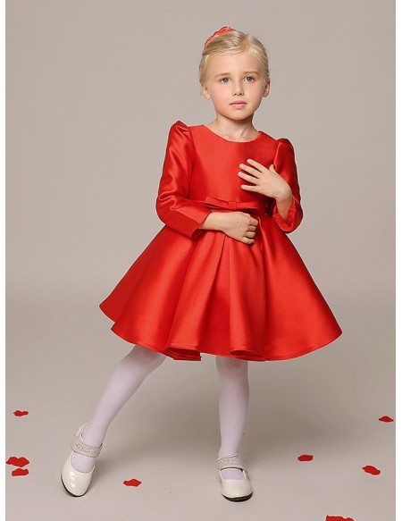 Simple Short Red Taffeta Flower Girl Dress with Long Sleeves