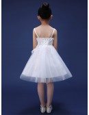 Spaghetti Straps Short Tulle Lace Pageant Dress with Flowers