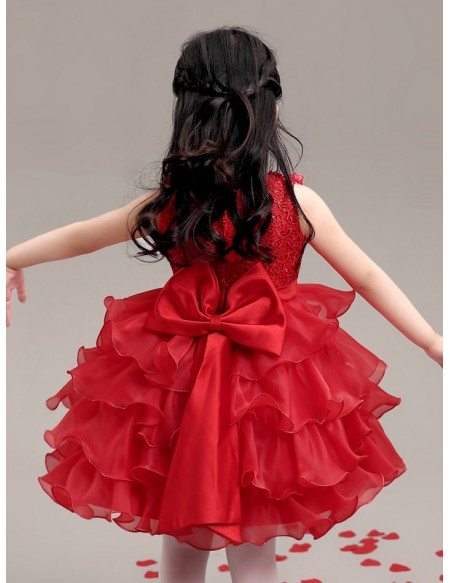 Hot Red Layered Lace Pageant Dress with Crystal Neck