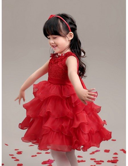 Hot Red Layered Lace Pageant Dress with Crystal Neck