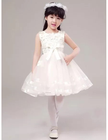Fairy White Short Lace Beaded Flower Girl Dress with Floral