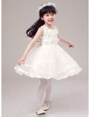 Fairy White Short Lace Beaded Flower Girl Dress with Floral