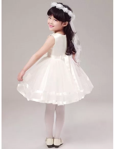 Fairy White Short Lace Beaded Flower Girl Dress with Floral