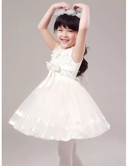 Fairy White Short Lace Beaded Flower Girl Dress with Floral