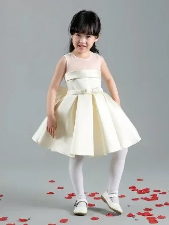 Simple Champagne Satin Flower Girl Dress with Big Bow